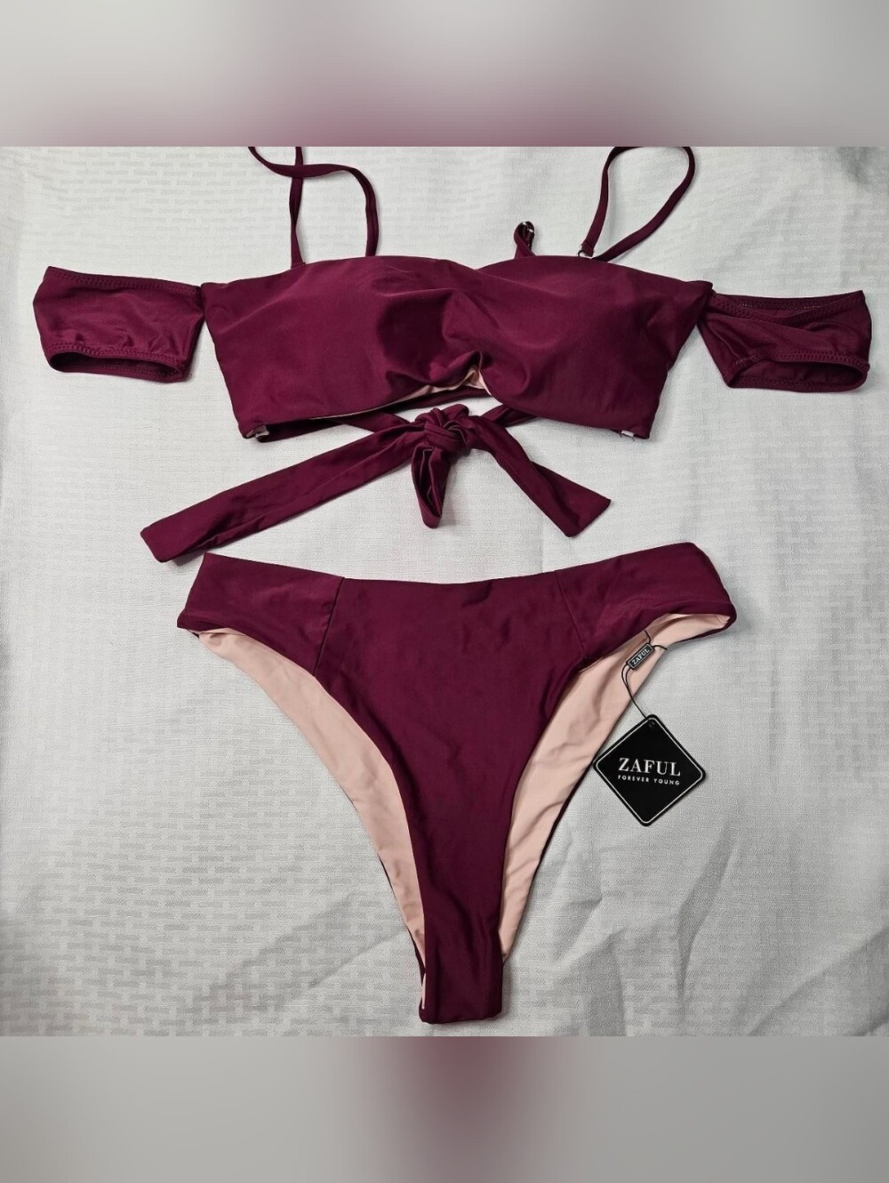 Zaful Plum Off-Shoulder Tie-Front Bikini Set